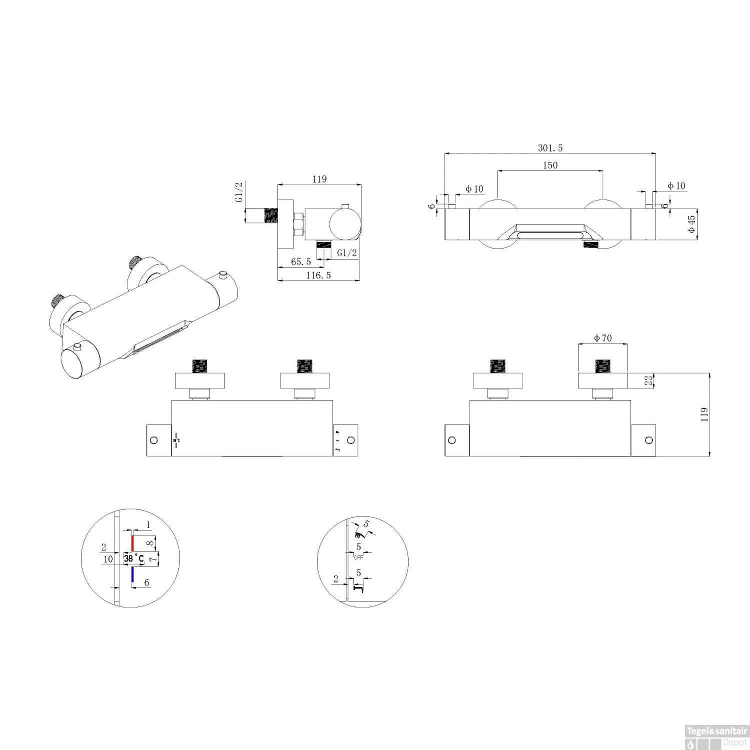 Thermostatische Badmengkraan Boss & Wessing Waterval Chroom 5 Thermostatische Badmengkraan Boss & Wessing Waterval Chroom - Afbeelding 3
