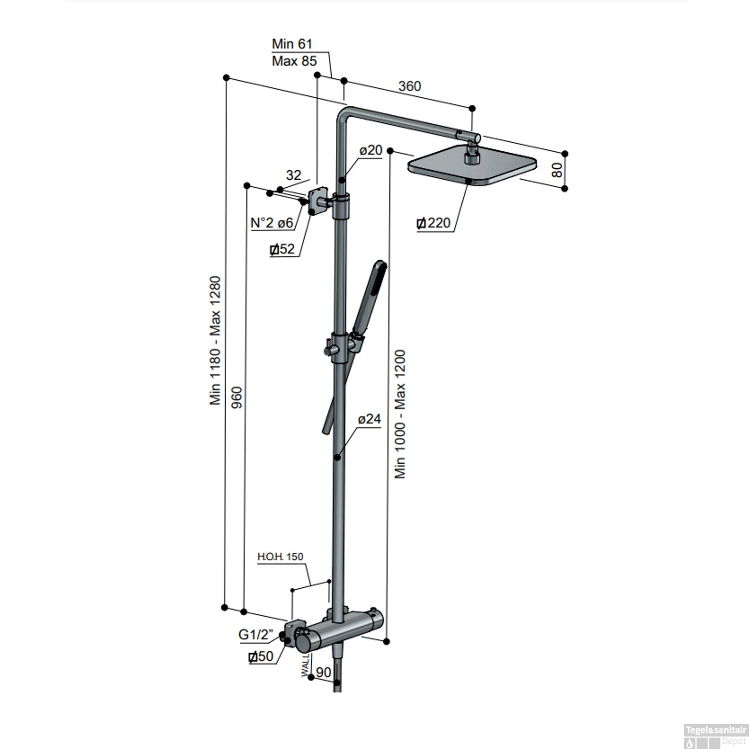 Thermostatische Stortdoucheset Hotbath Gal 128 Cm Met Hoofddouche 40 Cm Geborsteld Messing PVD - Afbeelding 2