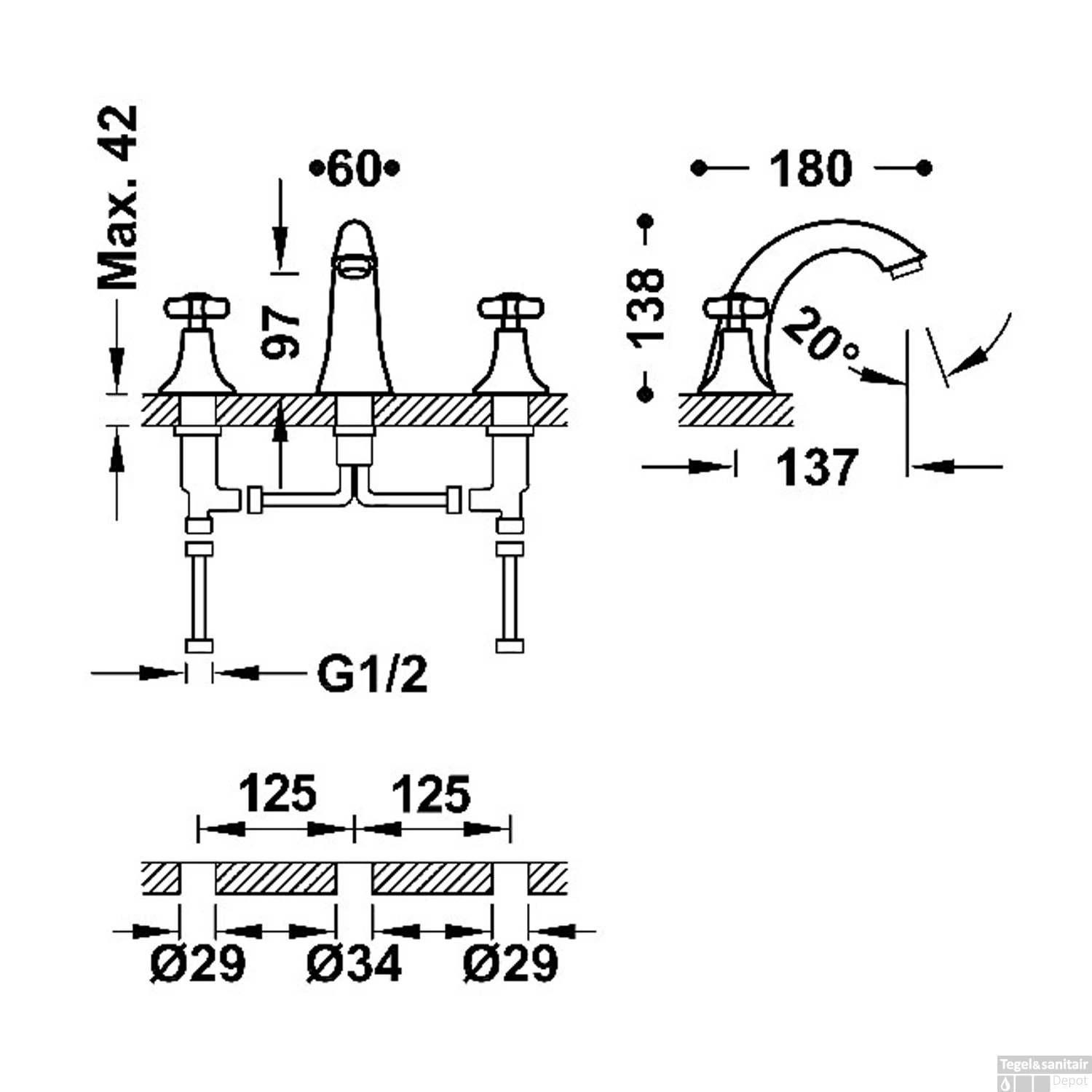 Wastafelmengkraan Tres Clasic Gebogen 2 Grepen Verouderd Messing 4 Wastafelmengkraan Tres Clasic Gebogen 2 Grepen Verouderd Messing - Afbeelding 2