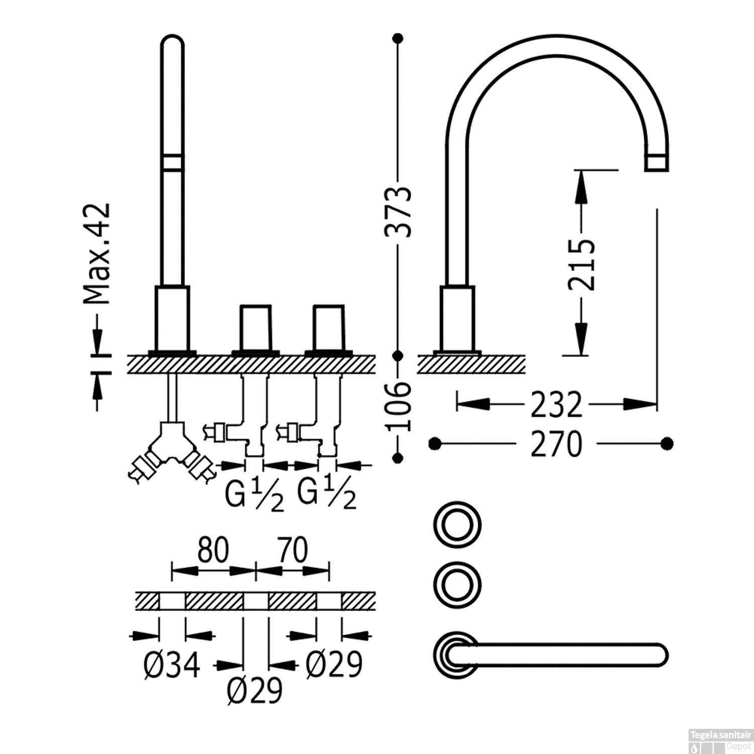Wastafelmengkraan Tres Study Exclusive 3-Gats Kraan Links Met Draaiknoppen Uitloop Gebogen 21,5 Cm Rond RVS - Afbeelding 2