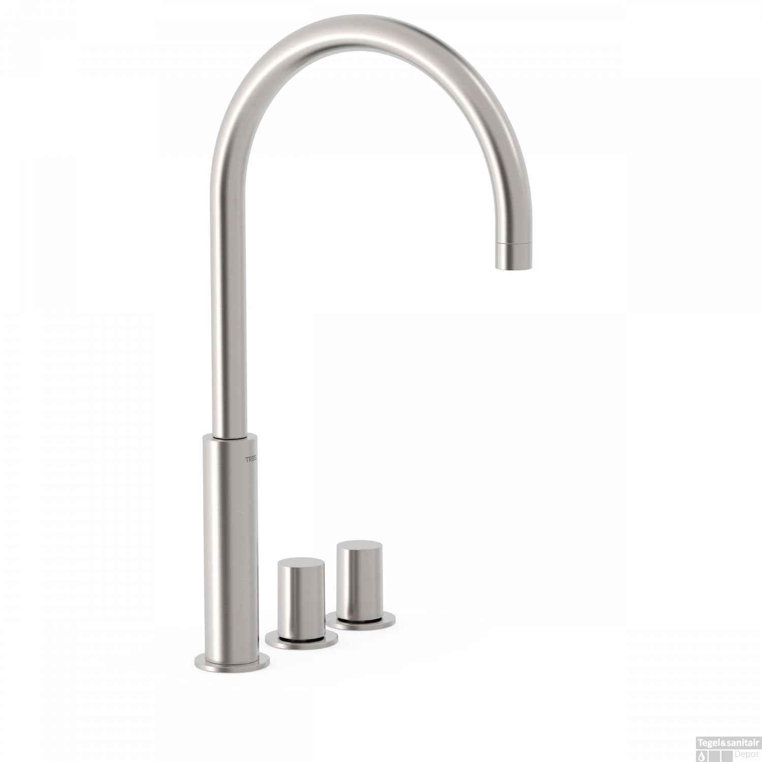 Wastafelmengkraan Tres Study Exclusive 3-Gats Kraan Links Met Draaiknoppen Uitloop Gebogen 29,5 Cm Rond RVS